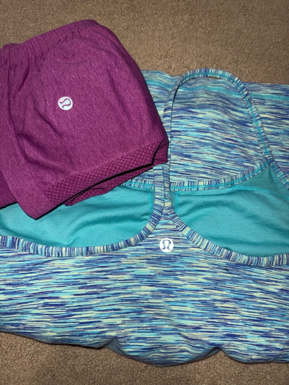 Lululemon Athletica Blue-Green Space Dye Sports Bra with Purple Lulu Tank